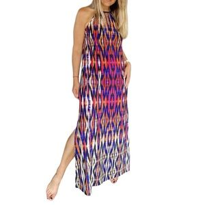 London Times Colorful Abstract Print Halter Neck  Sleeveless Maxi Dress Medium